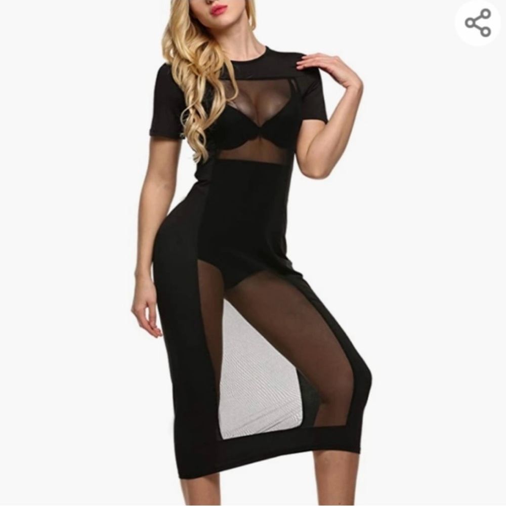 Black Mesh Panel Bodycon Midi Dress Cover-Up | Short Sleeve Club Style Sz S NWT